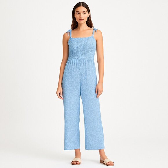 Blue Floral Tie On Shoulder Straps Wide Leg Jumpsuit Size S NWOT - Picture 1 of 5